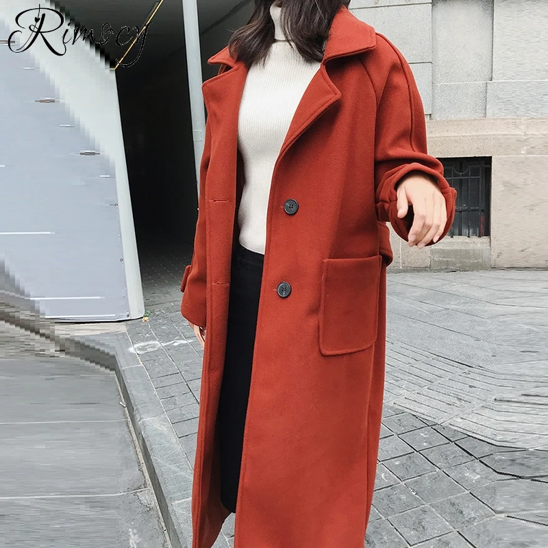 Rimocy 2018 autumn winter wool coats women belt blends