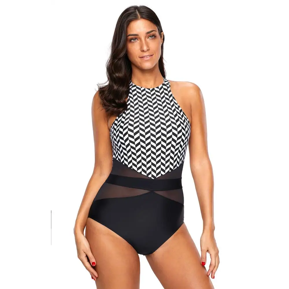 LORDLDS 2019 Sexy Women High Neck Bodysuit Ladies Bathing Suit One Piece Black White Marble Bodice Cut out Back Female Maillot