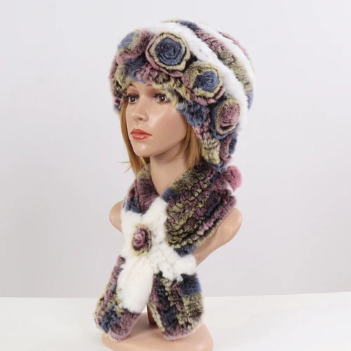 Вязанные зимние шапки из меха кролика рекс шарфы для женщин Мода натуральный мех шапки наборы шарфов Леди Теплый натуральный мех шапка глушитель - Цвет: colorful 2