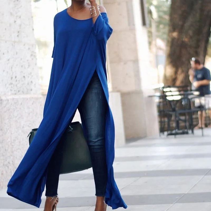 

Women Summer Casual Long Sleeve O-neck Dresses Ladies Elegant Maxi Shirt Dress Female Club High Split Dress