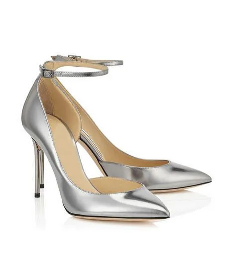 

Steel Mirror Leather Pointy Toe Pumps New Concise Wedding Party Anklle Buckle High Heel Women Pums Size 34 to 42 On Sales