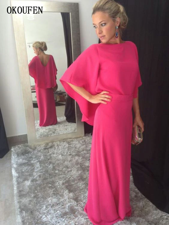 

Fuchsia Chiffon Long Mother of the Bride Dresses 2019 for Wedding With Capelet vestido de madrinha farsali Weddding Party Gowns