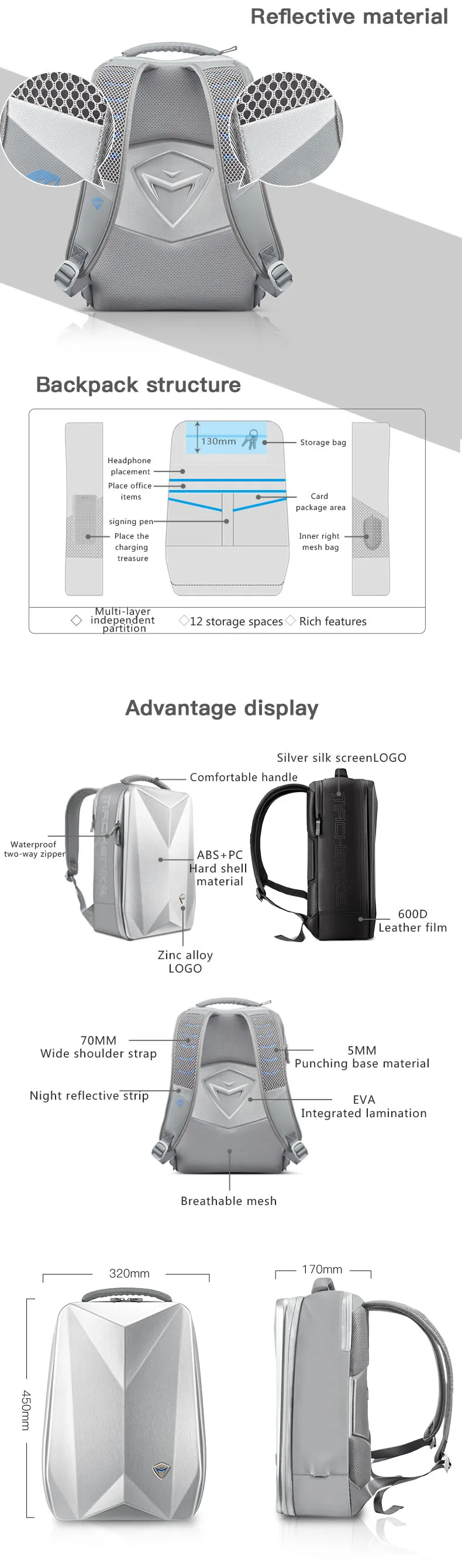 MACHENIKE waterproof laptop bag backpack 15.6-17.3 inch notebook 15-17 inch computer bag USB for Dell ASUS backpack