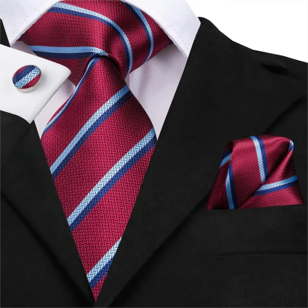 

SN-3185 Men Tie Silk Woven Red Striped Tie Necktie Hanky Cufflinks Set Luxury Quality Fashion Men's Party Wedding Tie Set