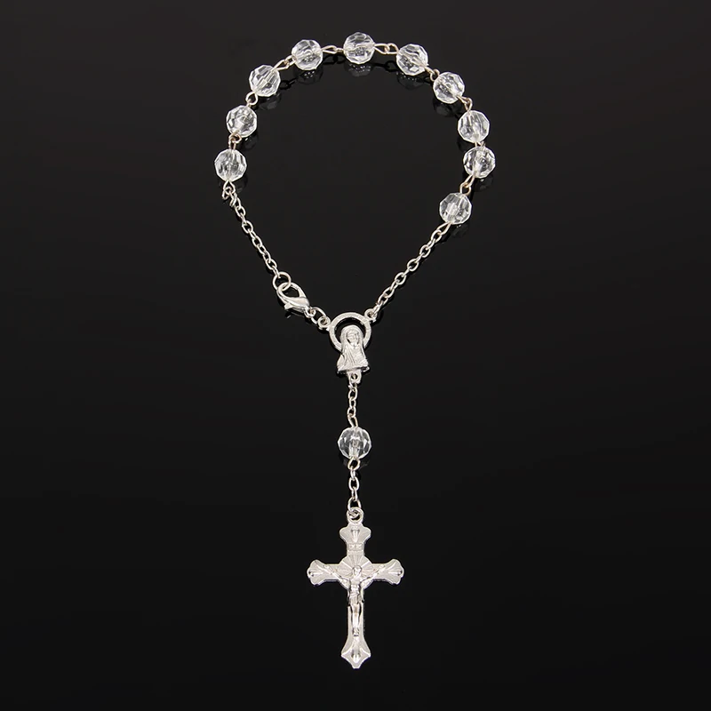 7 мм граненые Акриловые бусины браслет с розами с серебряной Омар металлический Мария центр и Иисус Распятие крест подвески