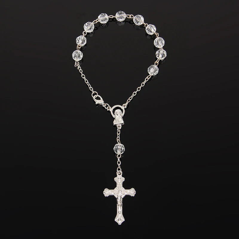 

7mm Faceted Acrylic Beads Rosary Bracelet With Silver Lobster Made Metal Maria Center & Jesus Crucifix Cross Pendants