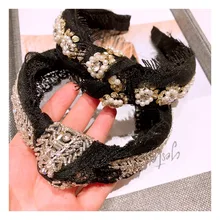 Korea Knotted Beaded Rhinestone Pearl Black Lace Hairbands Hair Accessories Hairband for Girls Headbands For Women chic beaded hairband for women
