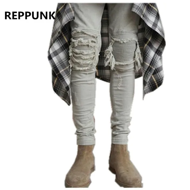 2017new mens ripped jeans cotton black gray slim fit motorcycle