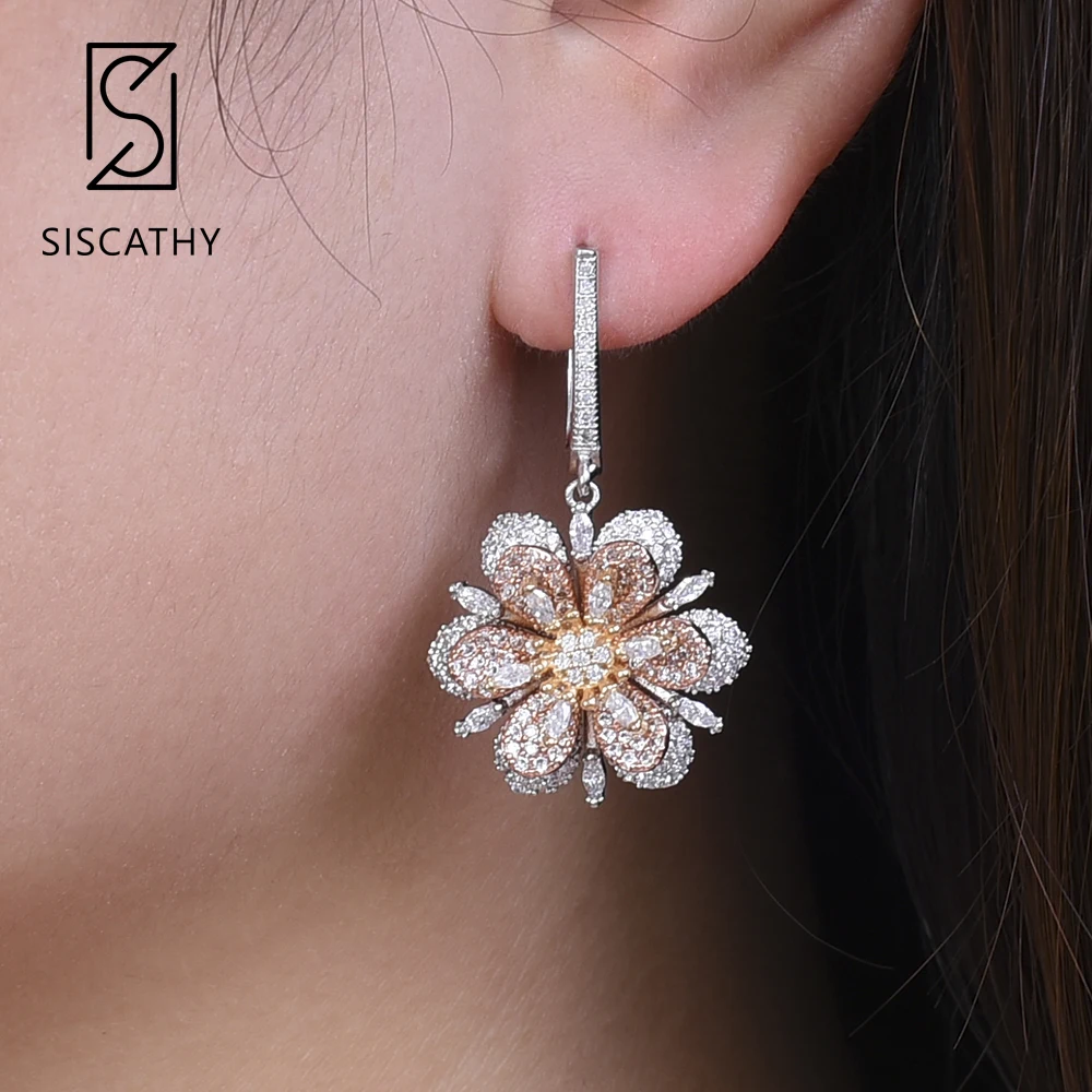 

SISICATHY Delicate AAA Full Cubic Zirconia Flower Shape Drop Dangle Earrings For African Dubai Bridal Wedding Engagement Earring