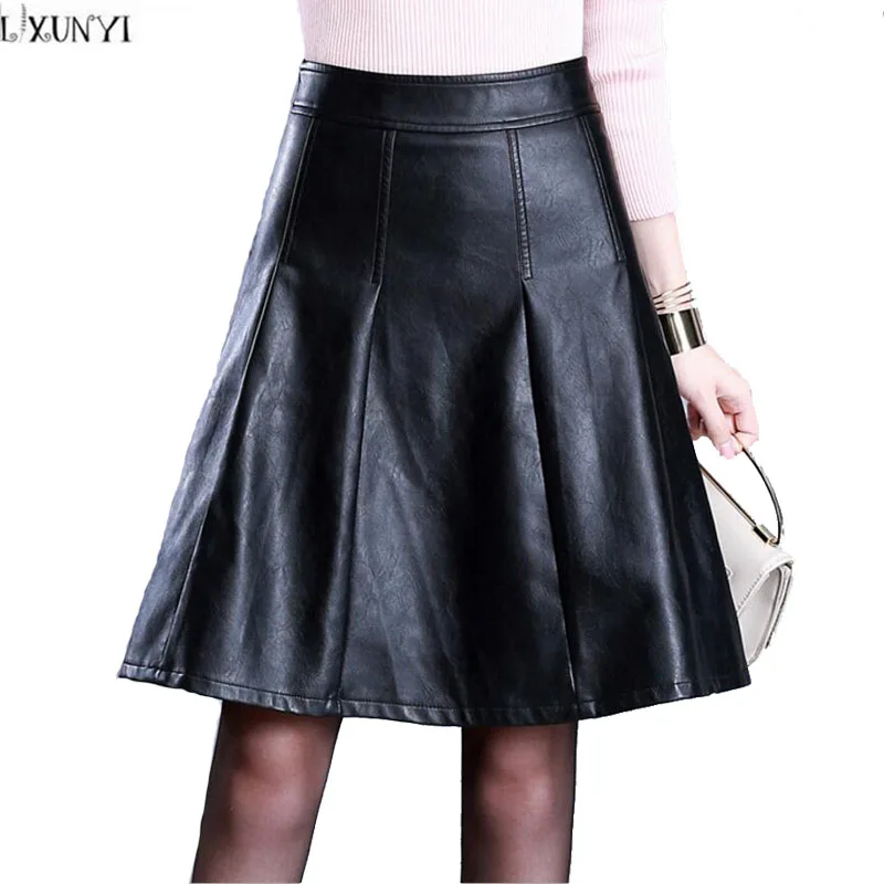 LXUNYI Plus Size Black Faux Leather Skirts 2018 Autumn Winter Washing ...