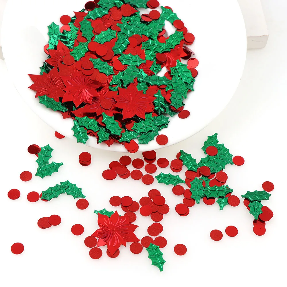 15 г разноцветные пластиковые рождественские зеленые листья красный цветок конфетти Tinfoil блестки Рождественский подарок украшения стола