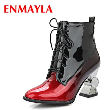 

ENMAYLA High Heels Short Boots Women Lace-up Rhinestone Ankle Boots Gradient Color Cool Punk Motorcycle Womens Boots Shoes Woman