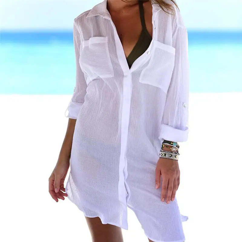 Женская Летняя мода, пляжные топы, купальник, накидка размера плюс, длинный рукав, белый хлопок, карман, кнопка спереди, открытая рубашка, платье - Цвет: 1