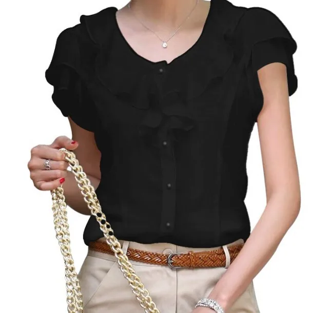 5XL размера плюс, новые летние женские модные шифоновые однотонные белые топы с коротким рукавом и оборками, повседневные летние блузки, рубашки - Цвет: Черный