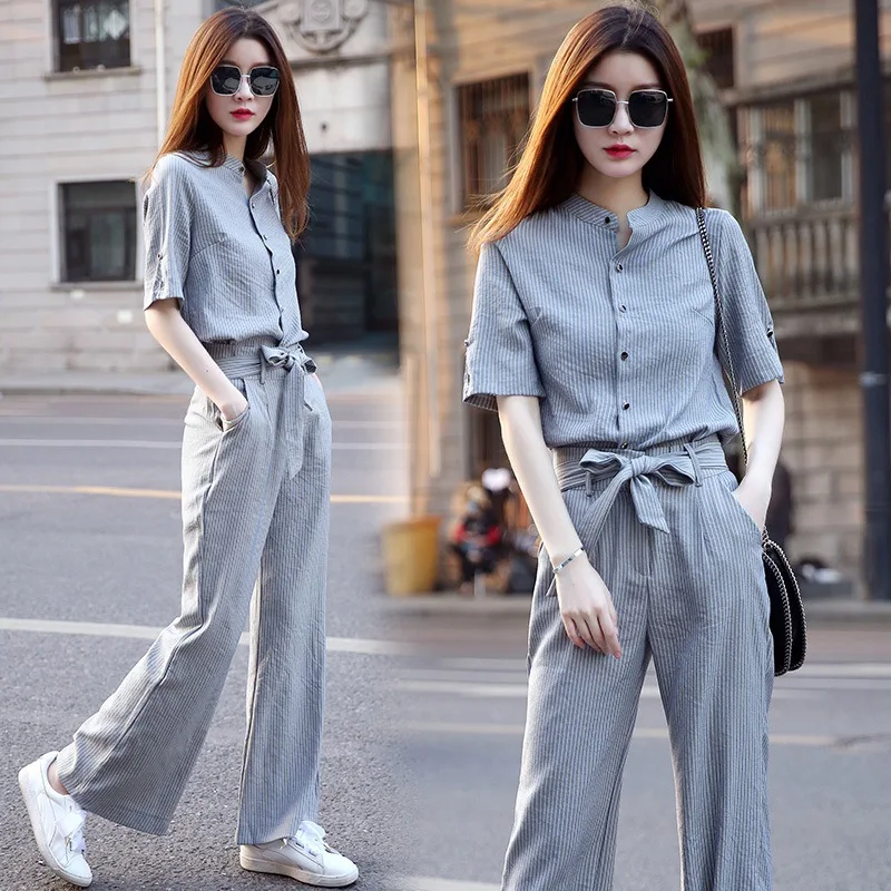 

2019 Summer Fashion Striped 2 Piece Sets Casual Shirt+High Waist Wide Leg Trousers Suits Tracksuits Two-piece Pants Sets