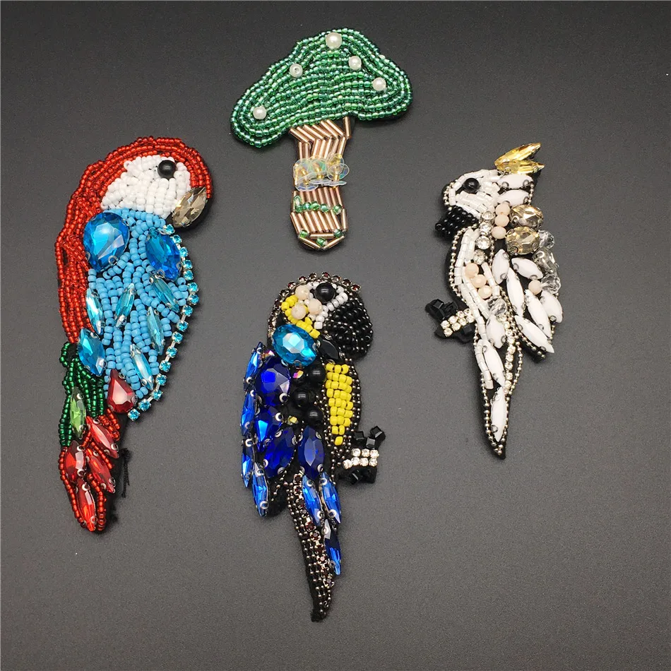 

Handmade Rhinestone beaded Patches birds parro mushroom Sew on Crystal pearl patch for clothing beading Applique cute patch