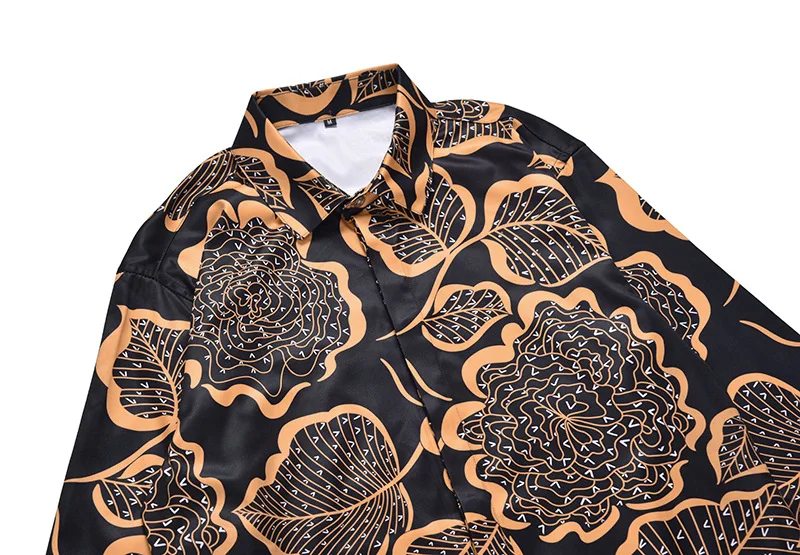 XIMIWUA New Arrival Men Shirts Golden Leaf Print Covered Button Casual Slim Chemise Homme Mens Dress Shirts Camisas Para Hombre