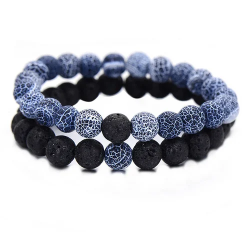 PHB002 2pcs/set 8mm Natural Stone Bracelets& Bangles Couple Bracelet for Lovers Gift - Окраска металла: blue black