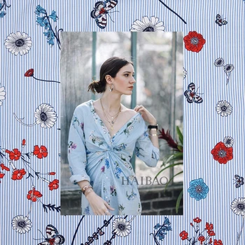 

Width 140cm Rural wind stripe butterfly print fashion plush pure cotton fabric for dress tissus au meter cheap fabrics DIY telas