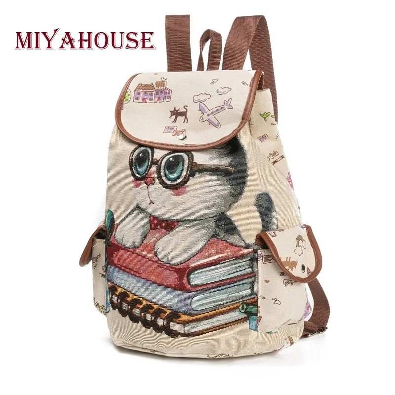 Miyahouse Female Canvas Backpack Cute Cats Print Backpack For Teenage