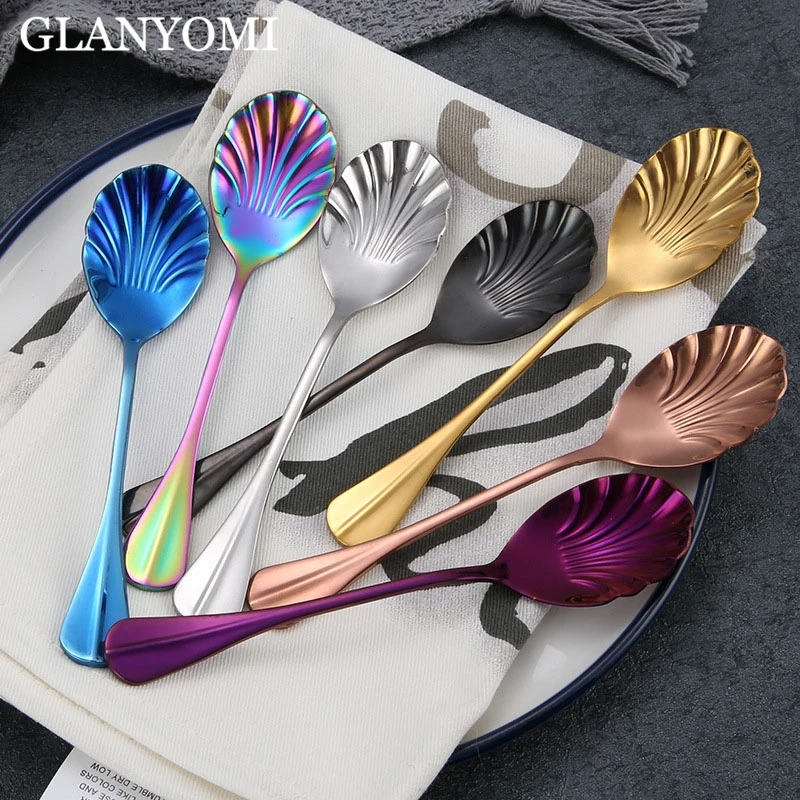 

7Pcs/Set Stainless Steel Coffee Spoon Tea Spoon Shell Dessert Ice Cream Spoon Drinking Tools Kitchen Gadget Flatware Tableware