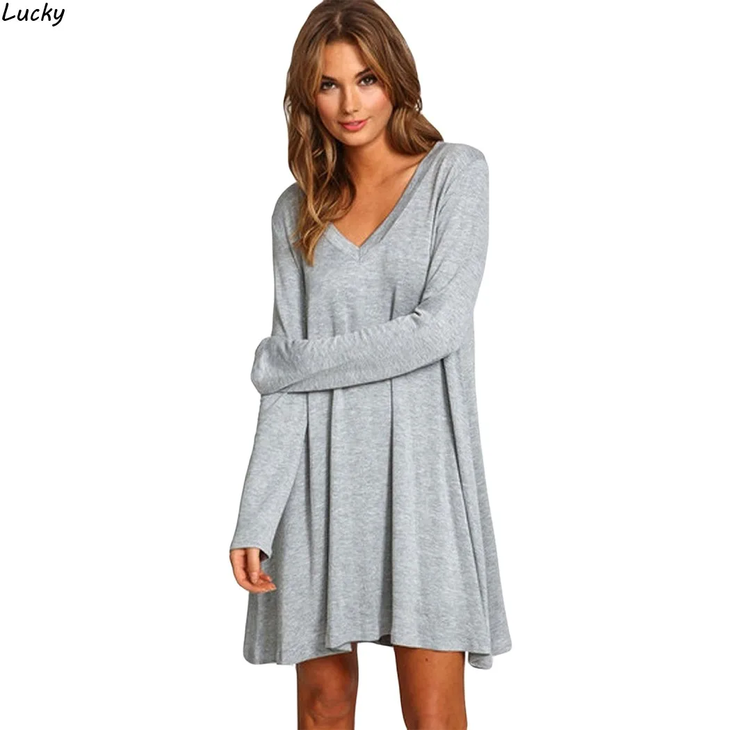 Autumn Women Sexy Gray Dress Long Sleeve Casual Gray Mini Winter Dress