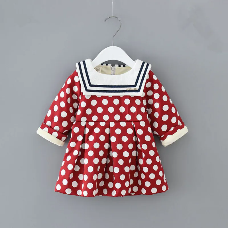 Baby Girls Dresses 2018 Winter Velvet Long-sleeved Sailor Collar Dot Kids Clothes Girls baby christmas dress red navy 0-2Y