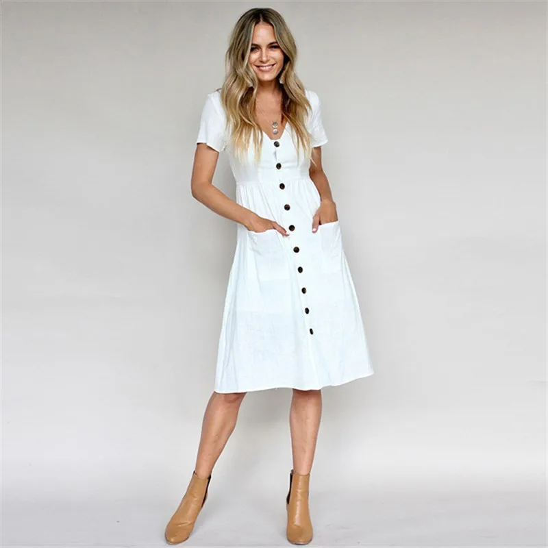 

2019 Summer Women Casual Solid Short Sleeve V Neck Dress Buttons Pocket Pleated Knee Length High Waist Stretchy Dresses Vestidos