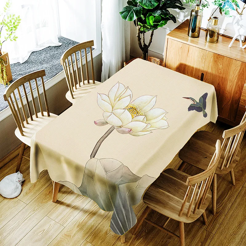 

Lotus Pattern Tablecloth Creative Classical Vase Landscape Polyester Comfortable Waterproof Table Cloth Cover for Home