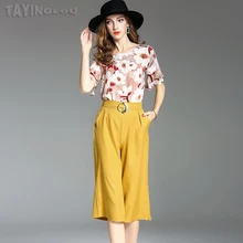 Women Blouses 2017 TaYingLou Summer New Suit Chiffon Printing Flare Sleeve Shirt+Wide Leg Pure Shorts Fashion Female Set 71292
