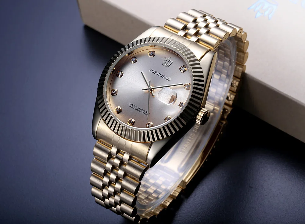 TORBOLLO брендовые новые модные кварцевые мужские часы из нержавеющей стали аналоговые с указанием даты дисплей золотые мужские часы relogio masculino