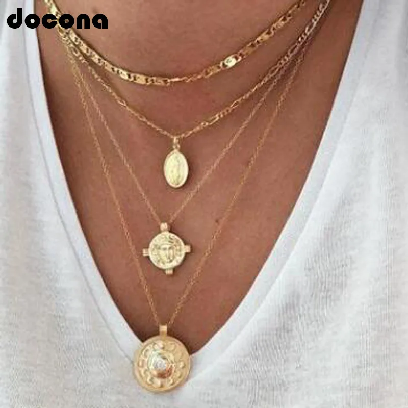 

Docona Boho Gold Metal Long Flower Round Virgin Mary Cross Pendant Necklace For Women Charm Multiple Layers Party Jewelry 7100
