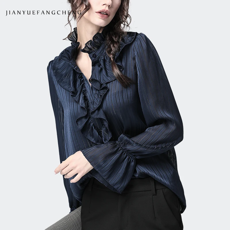 Women Satin Shirt Ruffled Stand Collar Flared