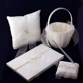 

Ivory Satin Bow Wedding Collection Sets (Set of 4 ) Wedding Guestbook Ring Pillow Pen Set and Flower Basket