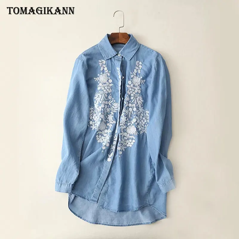 2018 Women Vintage Flower Embroidery Tencel Denim Long