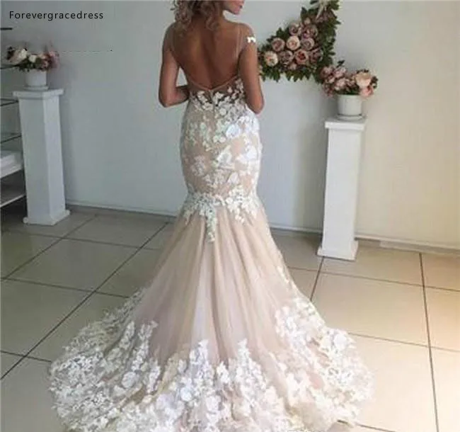 Gorgeous Lace Mermaid Wedding Dresses Blushing Champagne Sheer Cap Sleeve 3D Flora Appliques Long Backless Bridal Gowns  185 (1)
