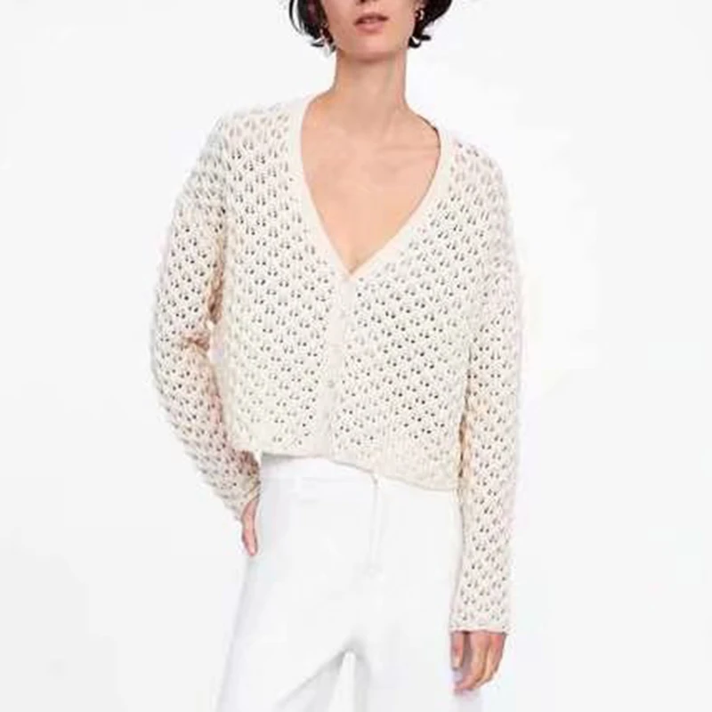 

Women vogue white knitted short sweater cardigans hollow out sexy V neck single breasted female casual thin outwear sweater Tops