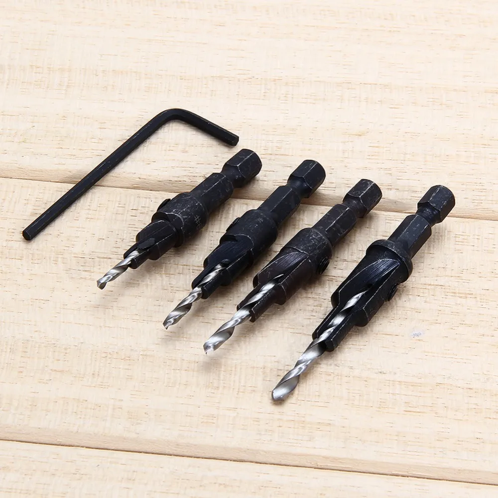 4PCS 1/4 Hex Quick Change Shank 6# 8# 10# 12#   COUNTERSINK TAPERED DRILLS BITS CONE REAMING DRILL BIT SET WOOD WOODWORKING TOOL