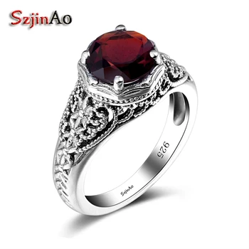 

Szjinao Famous Brand 925 Sterling Silver Rings Vintage Garnet Rings Women Round Gemstone Silver anillo Wedding Fine Jewelry