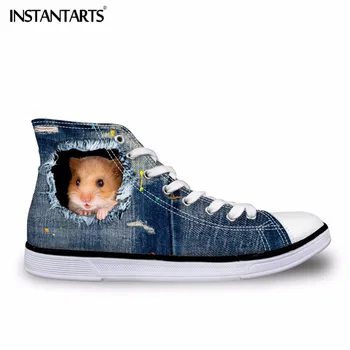 

INSTANTARTS Men Vulcanize Canvas Shoes Denim Animal Cat Dog Pattern Male Boy Breathable High Top Canvas Shoes With Spring Autumn