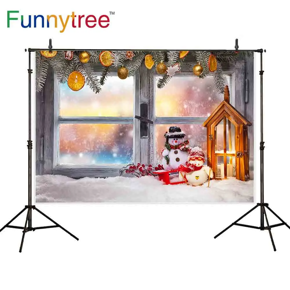 Funnytree Рождественский фон снег Снеговик деревянное окно украшение дверь теплый