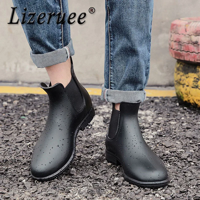 

Lizeruee Men Martin Rain Boots Black Chelsea Rubber Boots Casual Lovers Botas Slip-On Ankle Boots Moccasins Rain Shoes CS501