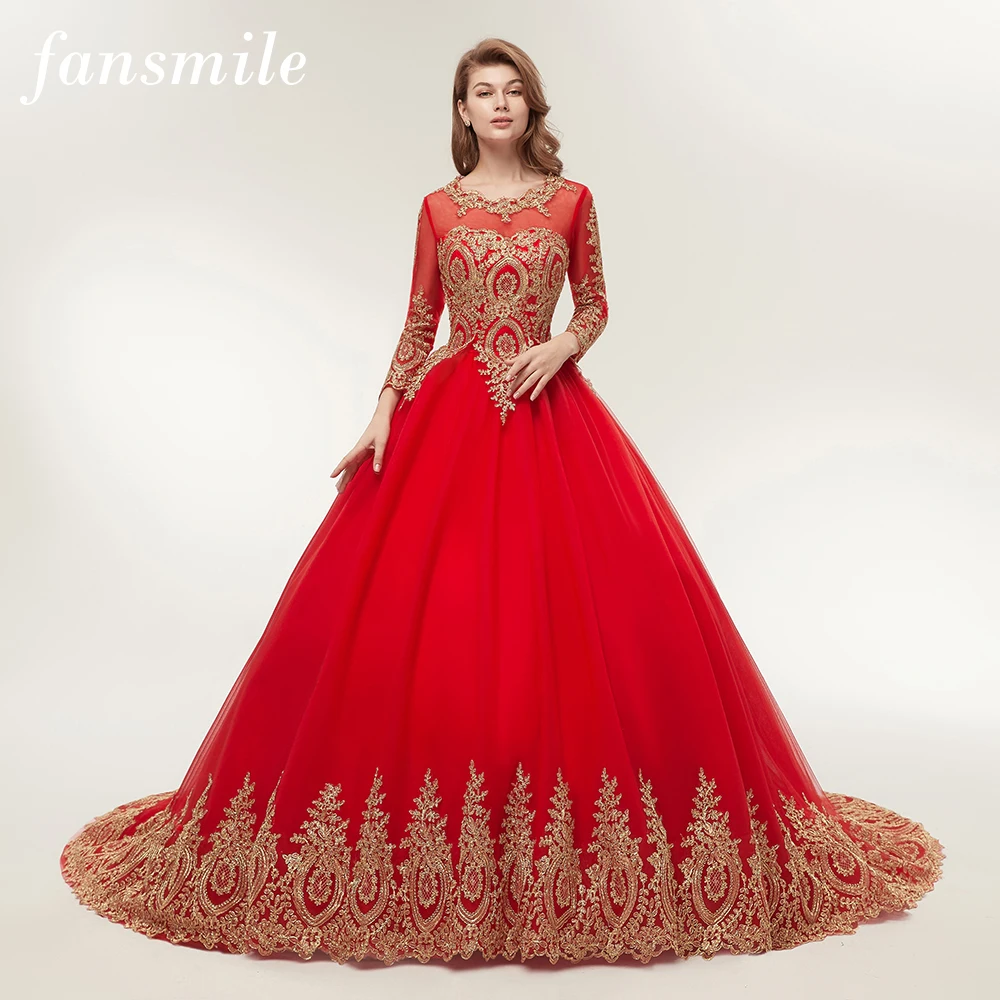 

Fansmile Vestido de Novia Vintage Lace Red Train Ball Wedding Dresses 2019 Customized Plus Size Bridal Wedding Gown FSM-362F/T