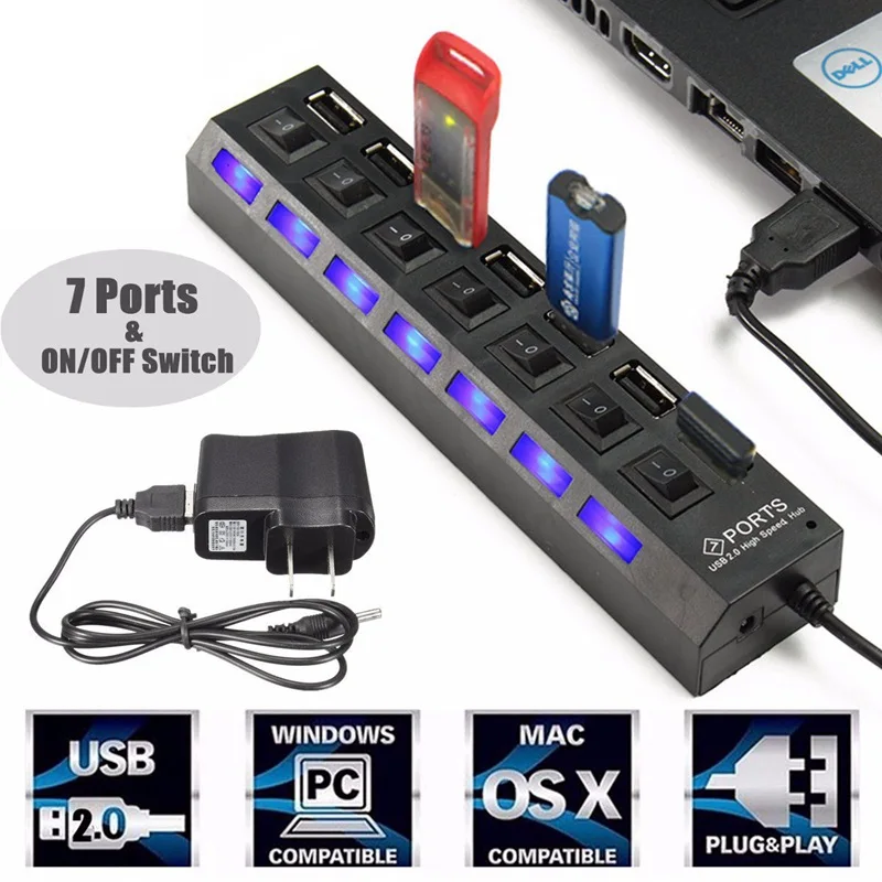 US CR USB a 7 porte HUB alimentato con cavo adattatore CA Ad alta velocità EU 
