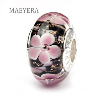 

MAEYERA Authentic 925 Sterling Silver Black Bottom Gold Sand Flower Bead Murano Glass Beads Fit European Charm Bracelet 920181