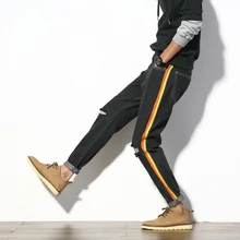 Men Japanese Street Trendy Fashion Casual Hole Denim Pant Stripe Splice Male Jeans Trouser Big Size Harem Pant 28-42