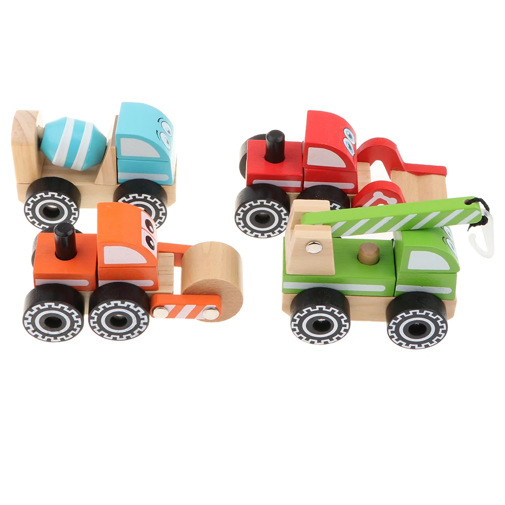Wooden Construction Engineering Truck Push and Pull Toy, Great for Baby Toddler Motor Skill Development 