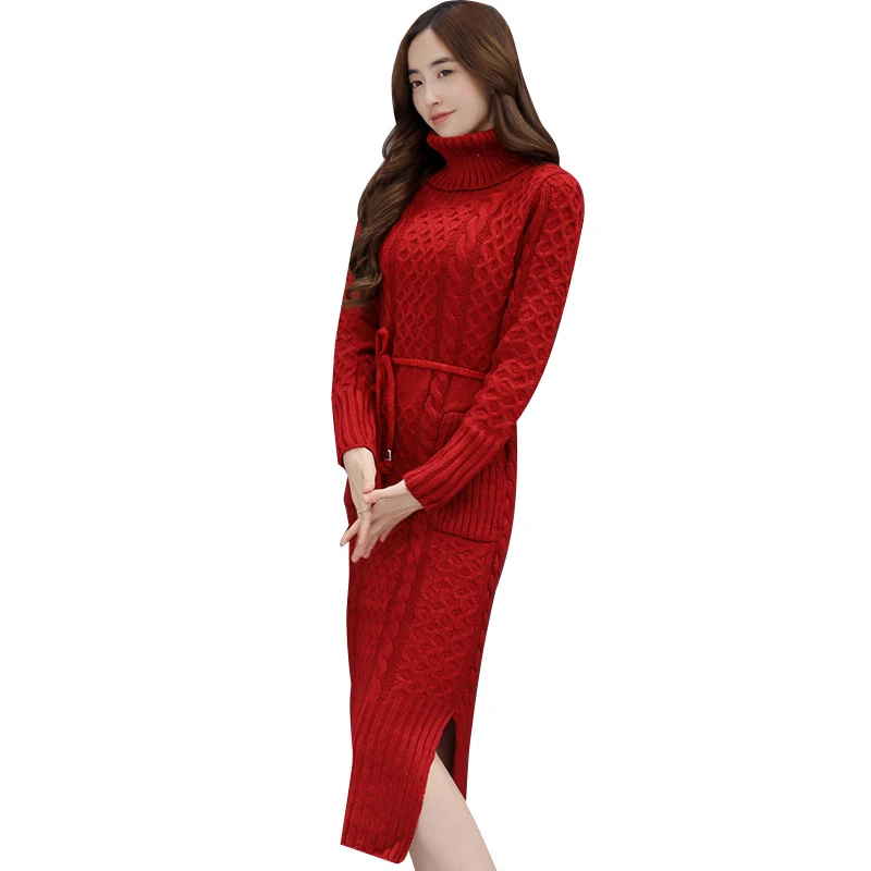 

Retro Winter Women Knitted Pockets Long Dresses Korea Side Split Long Sleeve Turtleneck Casual Slim Warm Maxi Sweater Dress