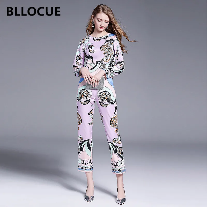

BLLOCUE Runway Designer Suit Set 2019 Autumn Women Fashion Print Top Shirt + Pocket Ankle-Length Pencil Pants Two Piece Set