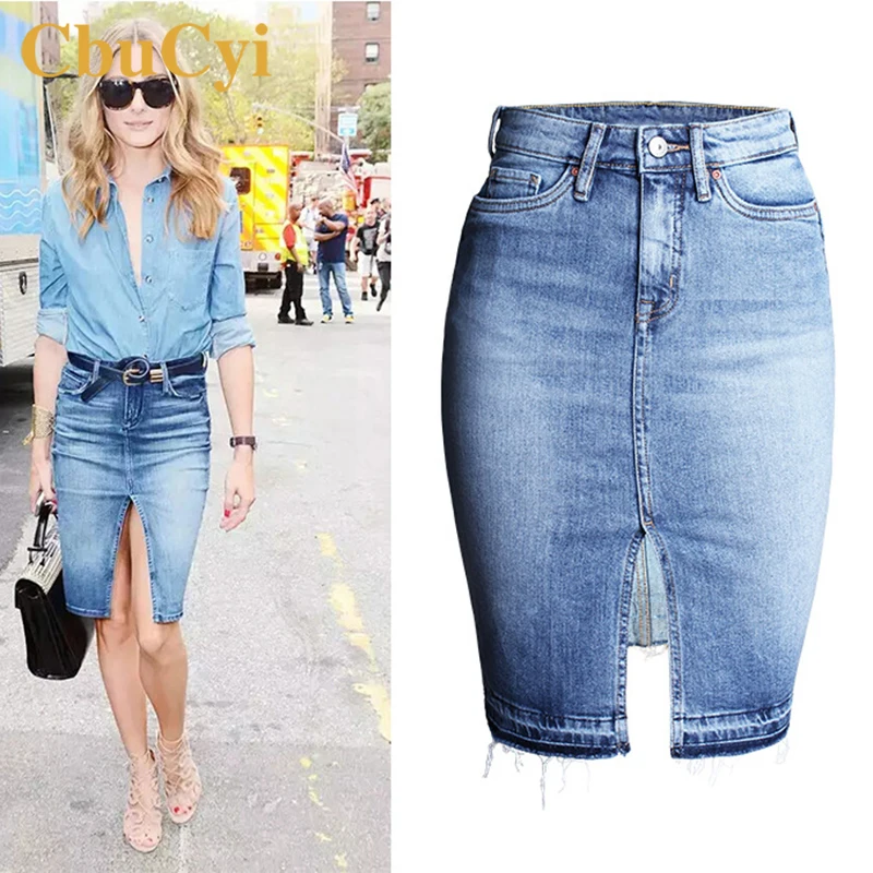 

CbuCyi Spring Women's Clothing Elastic Denim Skirt Bleached Empire Casual Slim Cotton Denim Skirts Ladies Pencil Jeans Skirts